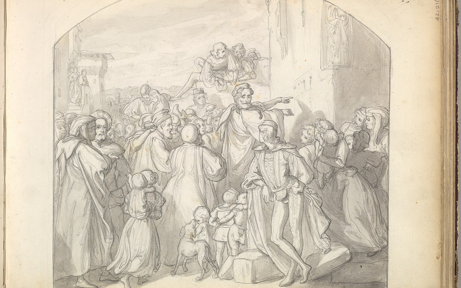 A pen and wash drawing of a robed figure gesturing toward a crowd gathered near an archway