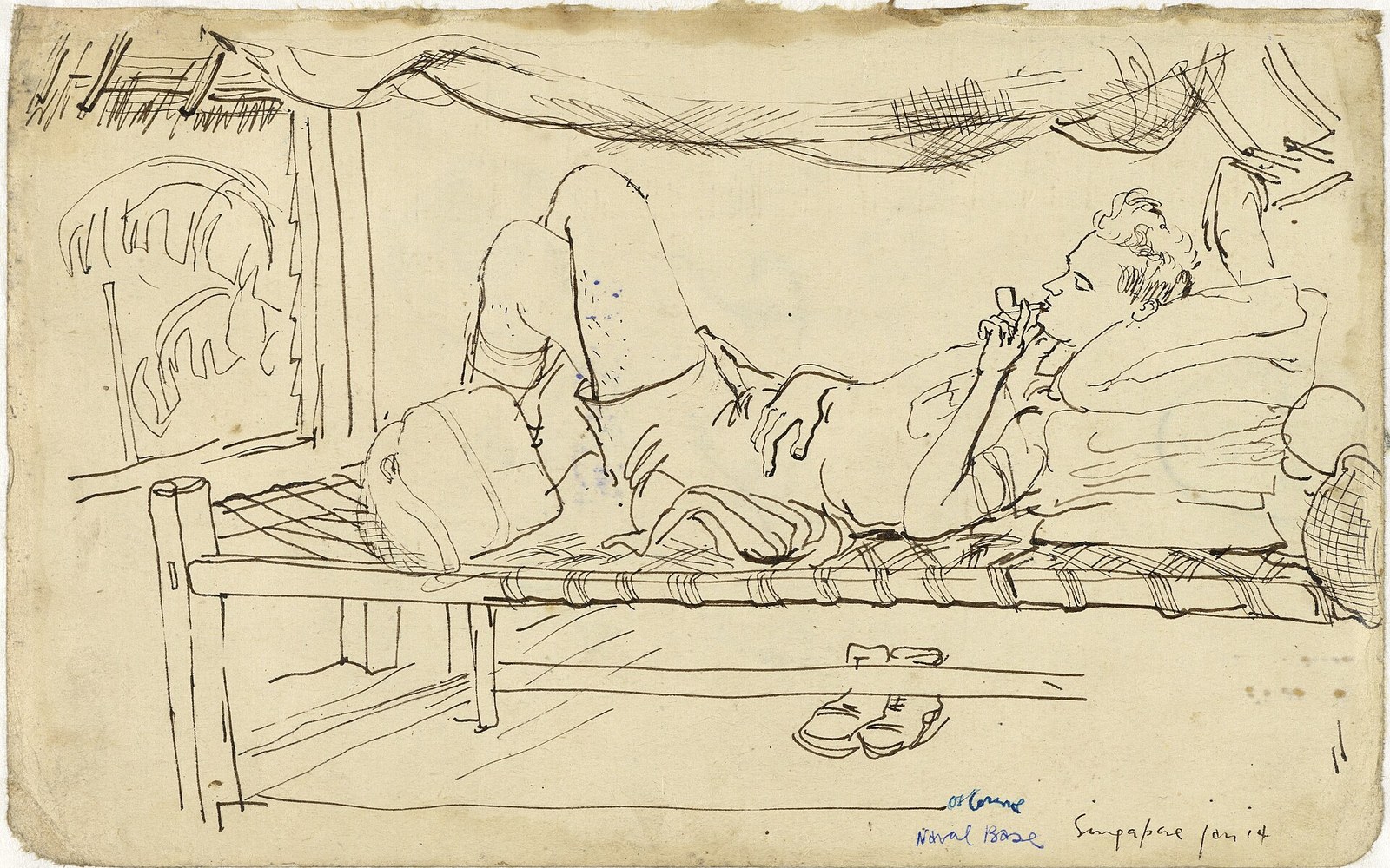 Ink sketch of a man reclining on a camp bed under mosquito netting, smoking