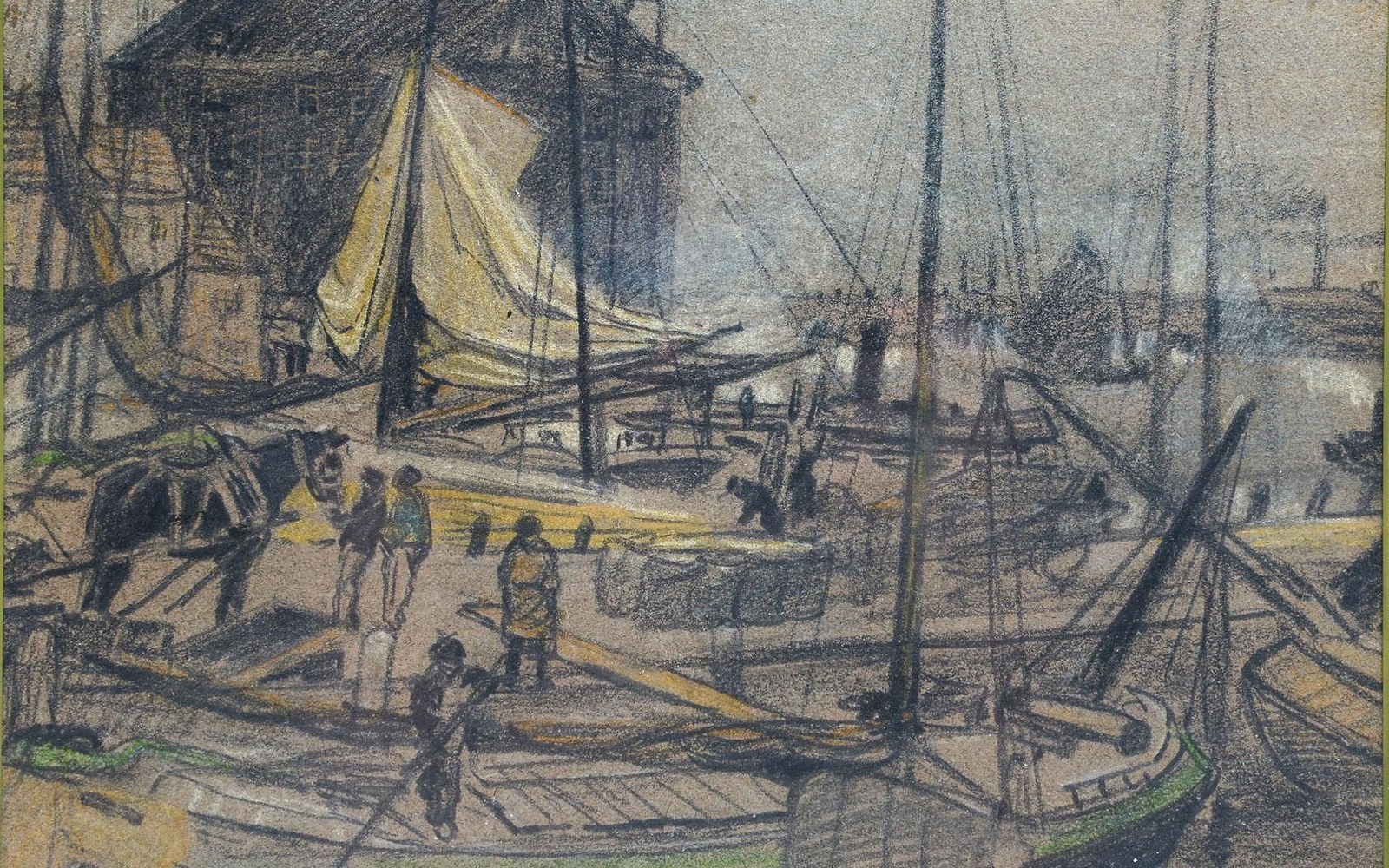 Sketch of dockworkers, a horse, and moored sailboats crowded along a busy harbor
