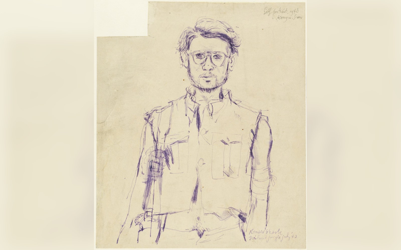Ink sketch of a bespectacled man in a buttoned shirt, drawn as a self-portrait