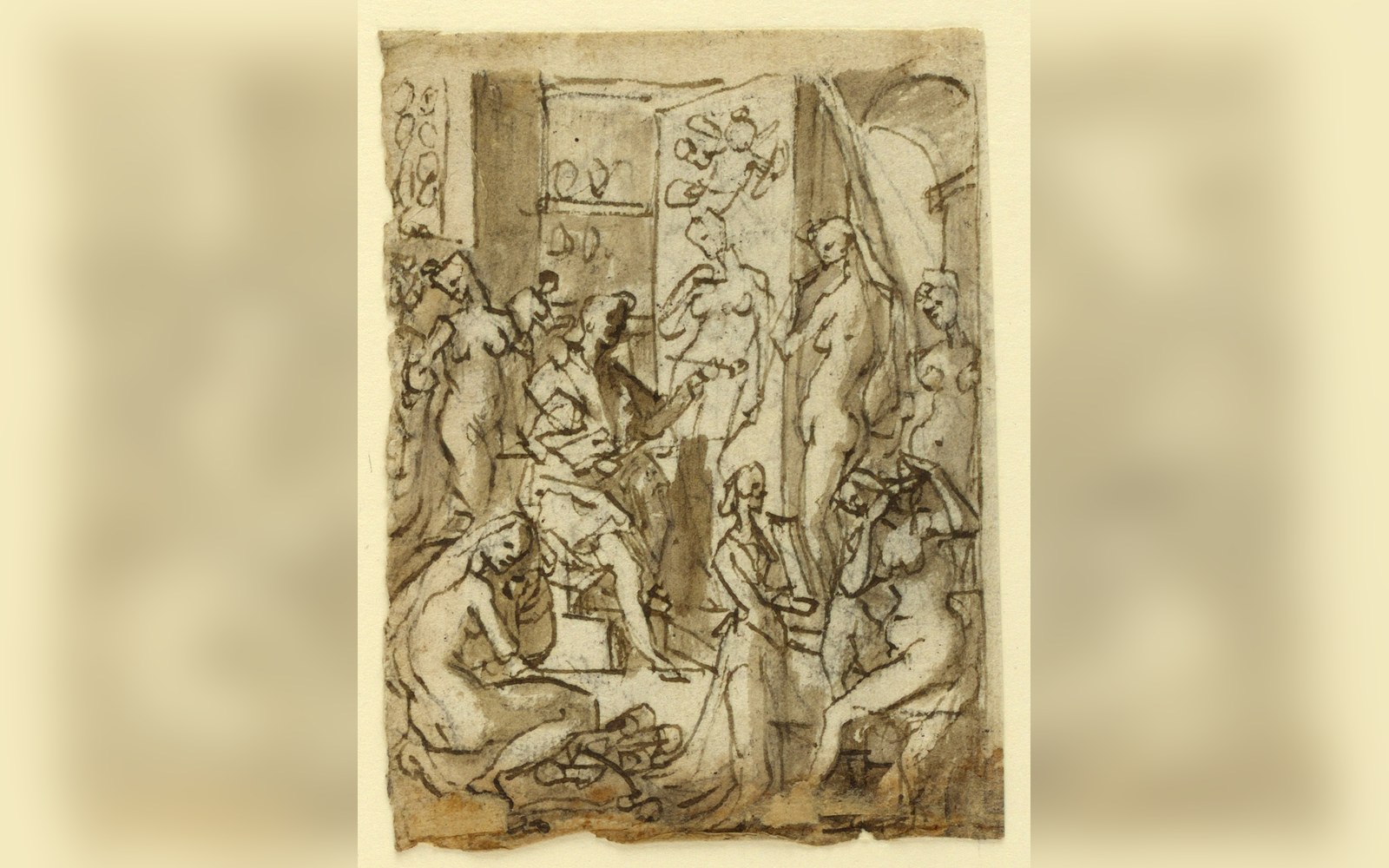 Ink and wash sketch of Zeuxis painting Helen surrounded by nude female models